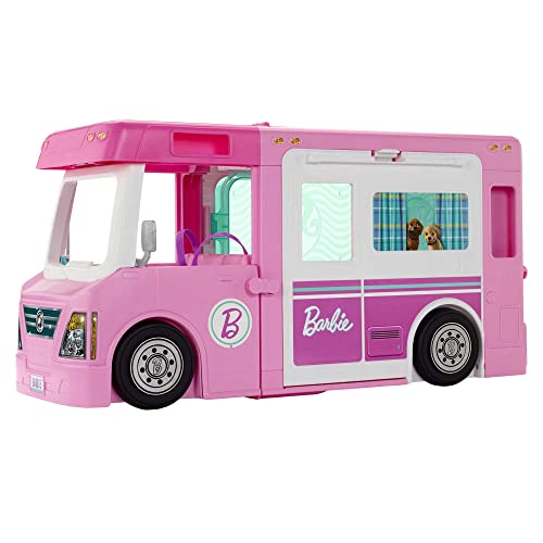 ​Barbie 3-in-1 DreamCamper Vehicle, approx. 3-ft, Transforming Camper with Pool, Truck, Boat and 60 Accessories, Makes a Great Gift for 3 to 7 Year Olds, GHL93